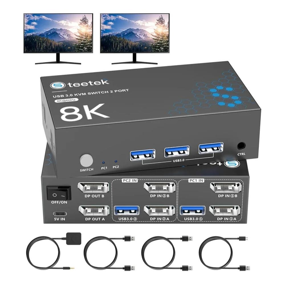 8K DisplayPort KVM Switch 2 Monitors 2 Computers USB 3.0 DP Dual Monitor 4K120